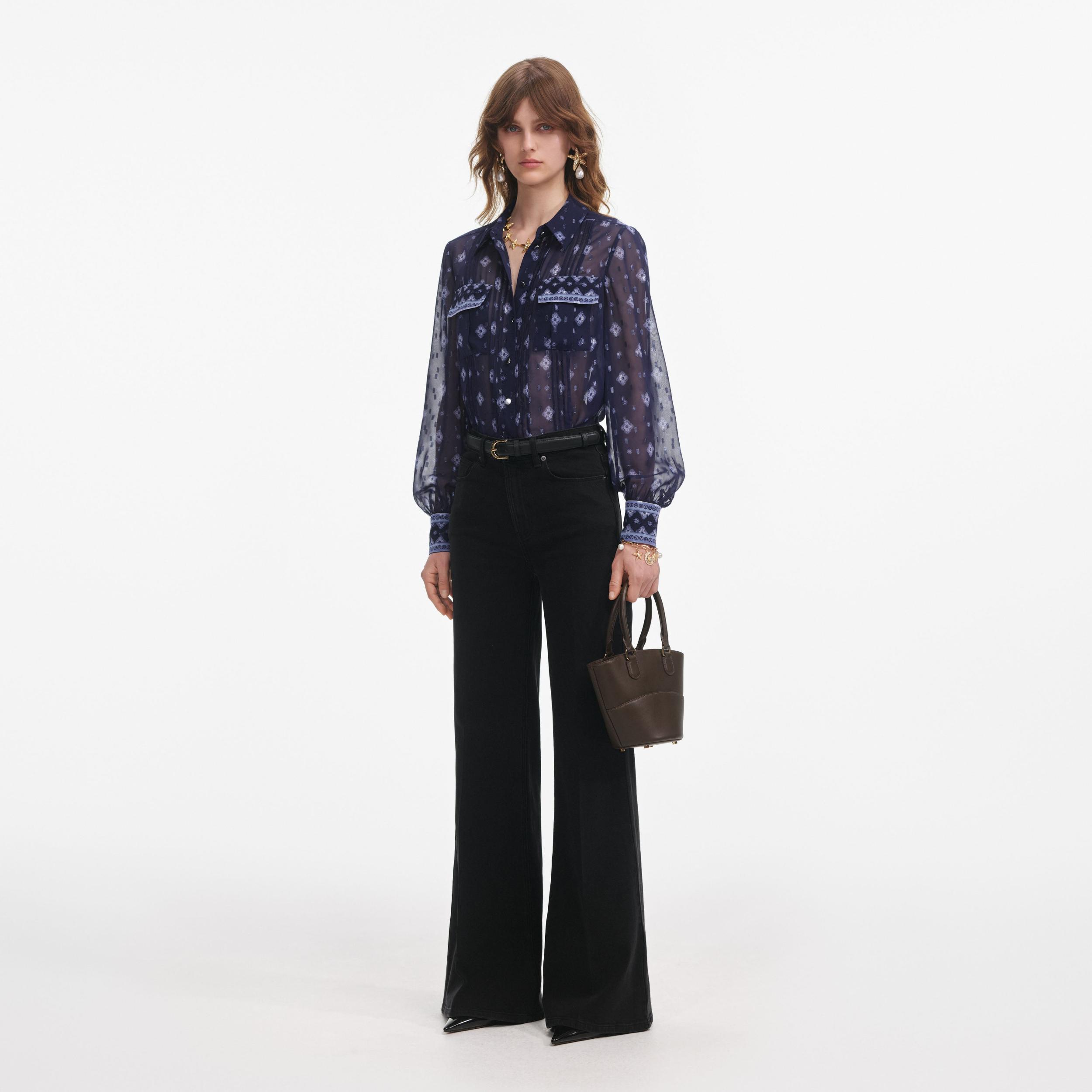 Navy Printed Chiffon Blouse Product Image