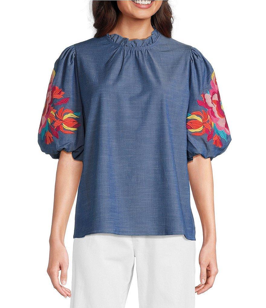 Calessa Petite Size Embroidered Elbow Sleeve Ruffle Mock Neck Tunic Product Image