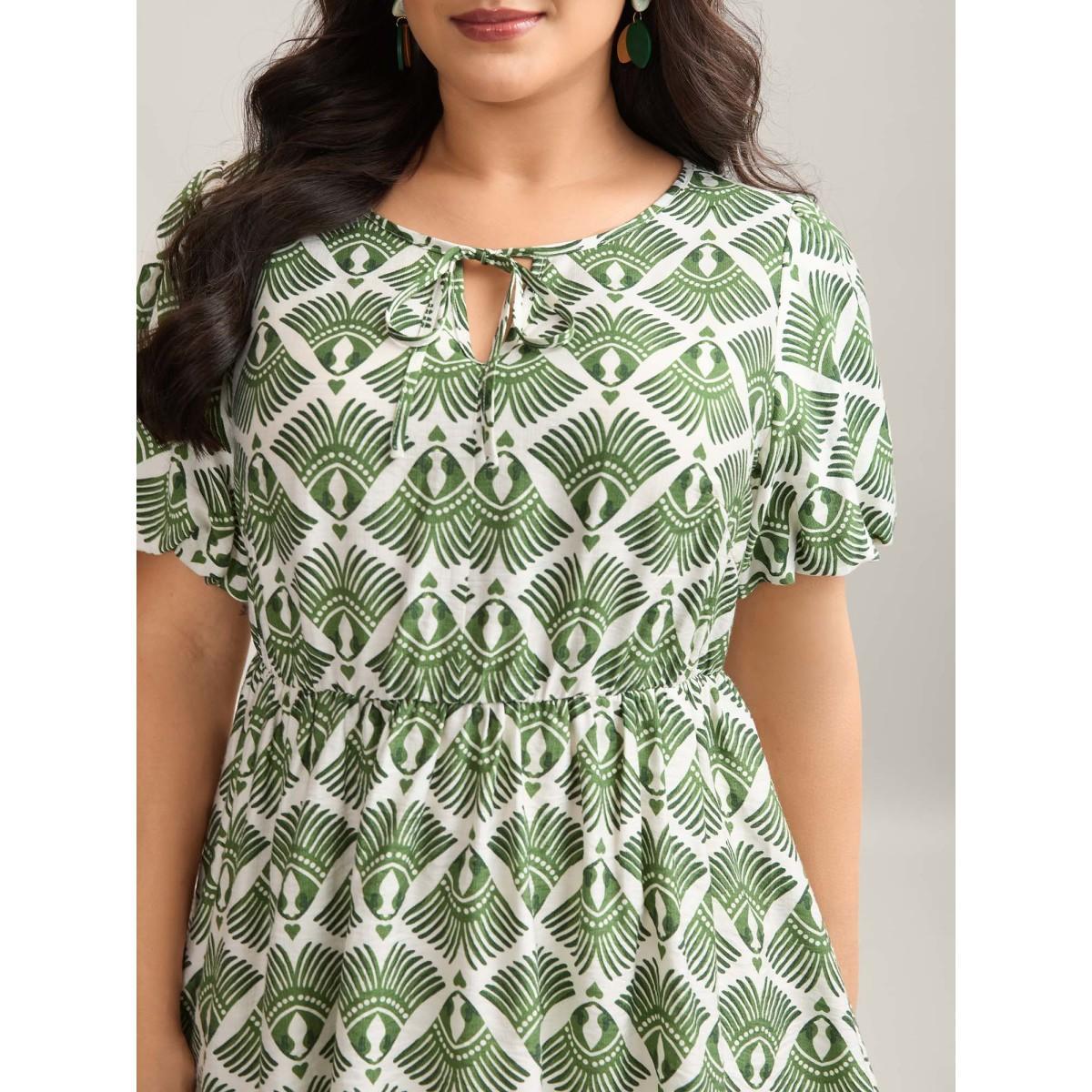 Plus Size Moss Large Floral Print Flared Sleeve Tie Blouse Women Short sleeve Flat collar with V-notch Vacation Blouses BloomChic 14-16/1X Product Image