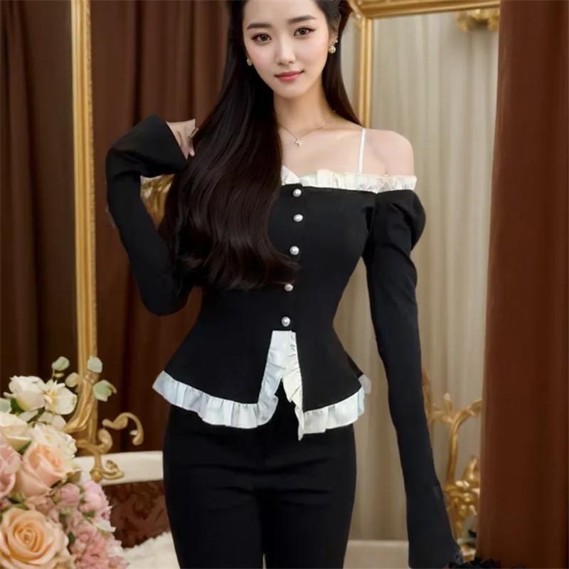 Mock Two-Piece Long-Sleeve Square Neck Two Tone Button Slim Fit Top Product Image