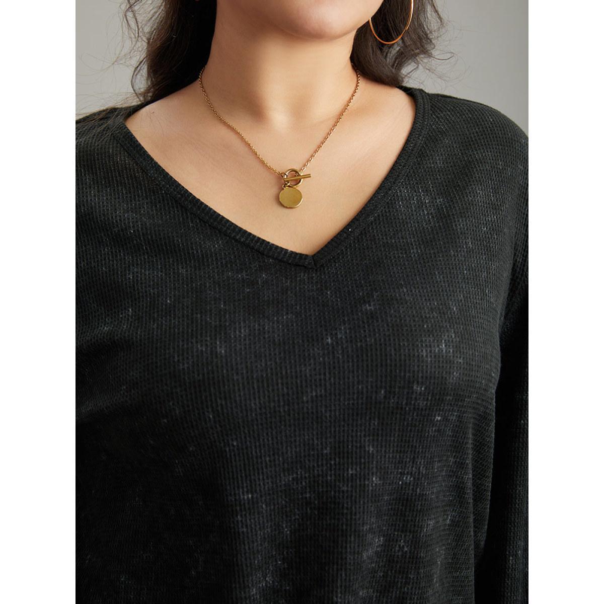 Plus Size Waffle Knit Heather V Neck T-shirt Black Women Casual Waffle Knit Plain V-neck Everyday T-shirts BloomChic 26/4X Product Image