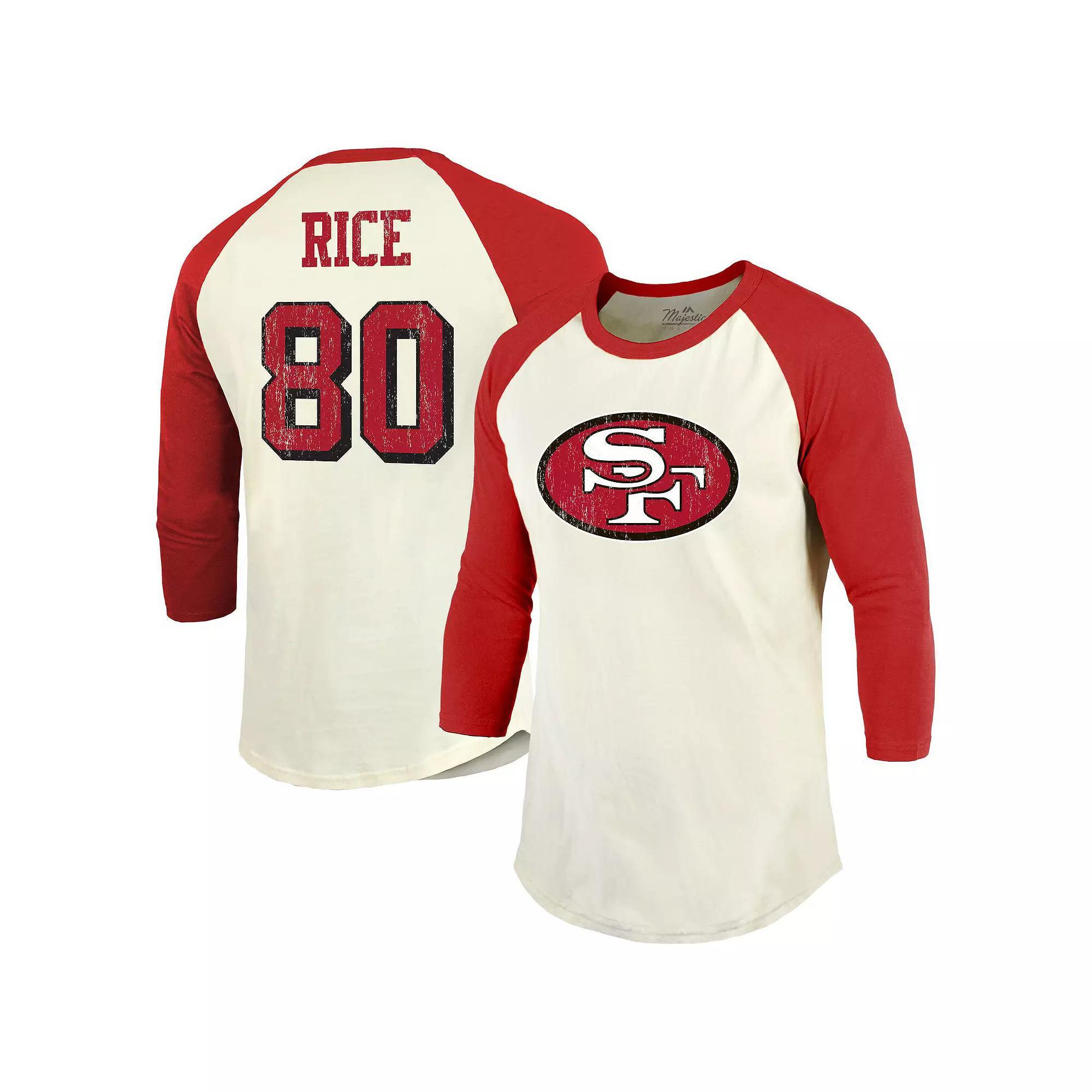 Men's Majestic Threads Jerry Rice Cream/Scarlet San Francisco 49ers Retired Player Name & Number 3/4 Raglan Sleeve T-Shirt, Size: Large, Beige Product Image