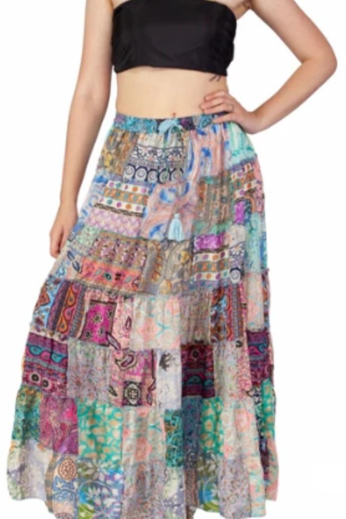 Silky Long Patchwork Skirt with Drawstring Waist Product Image