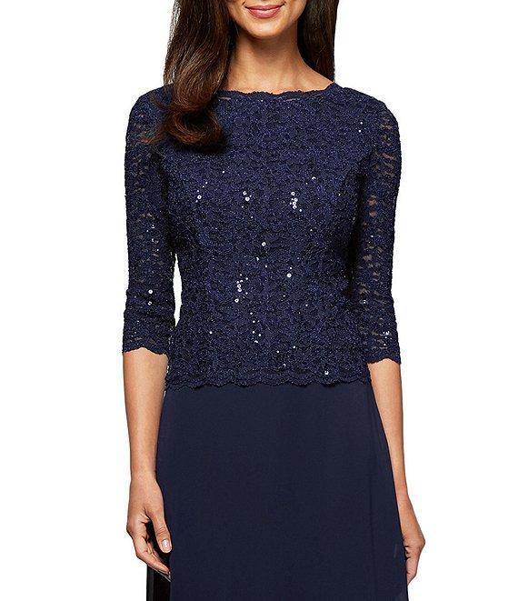 Alex Evenings 3/4 Sleeve Sequined Lace Crew Neck Scalloped Bodice Chiffon Skirted Gown Product Image