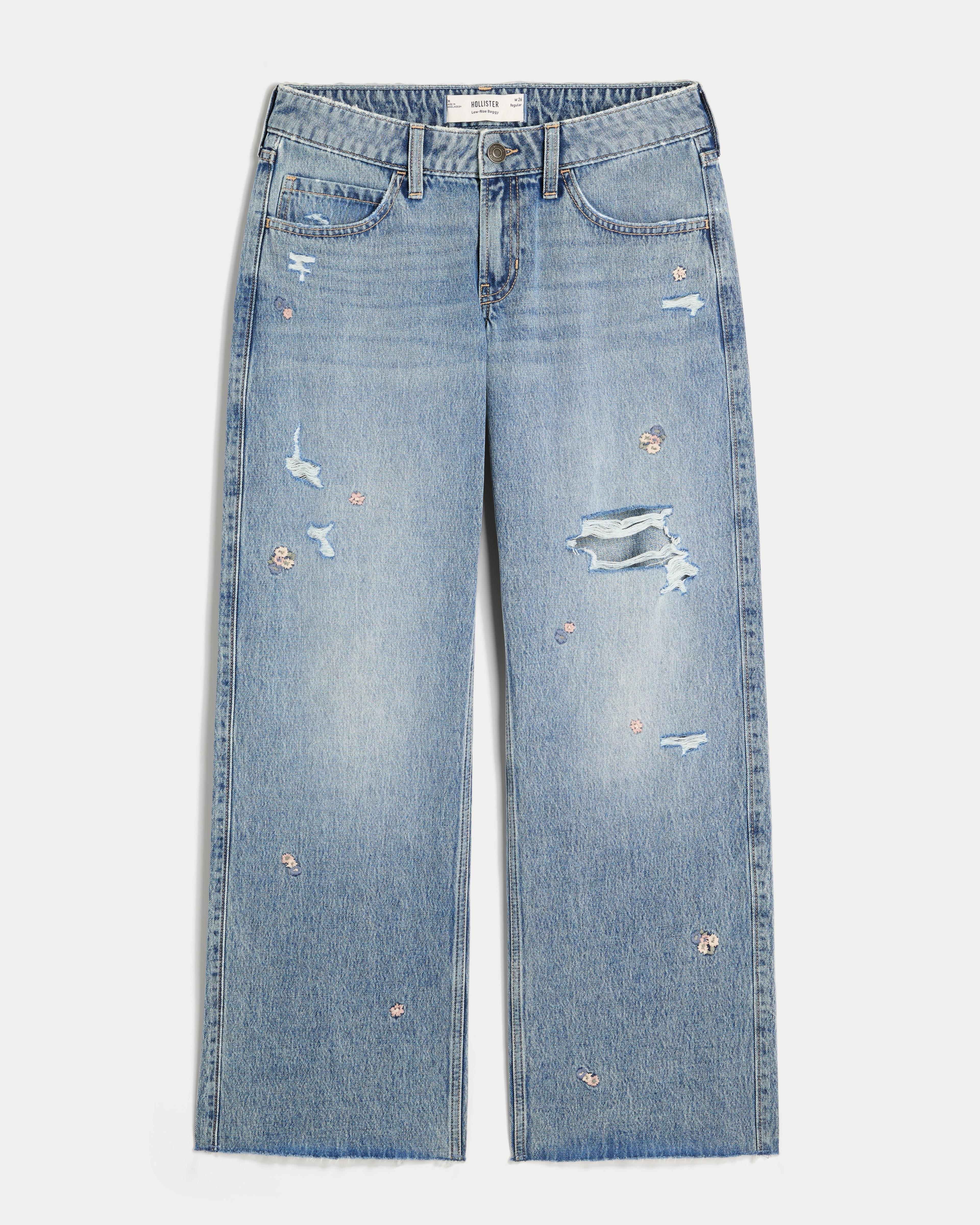 Low-Rise Medium Wash Floral Ripped Baggy Jeans Product Image