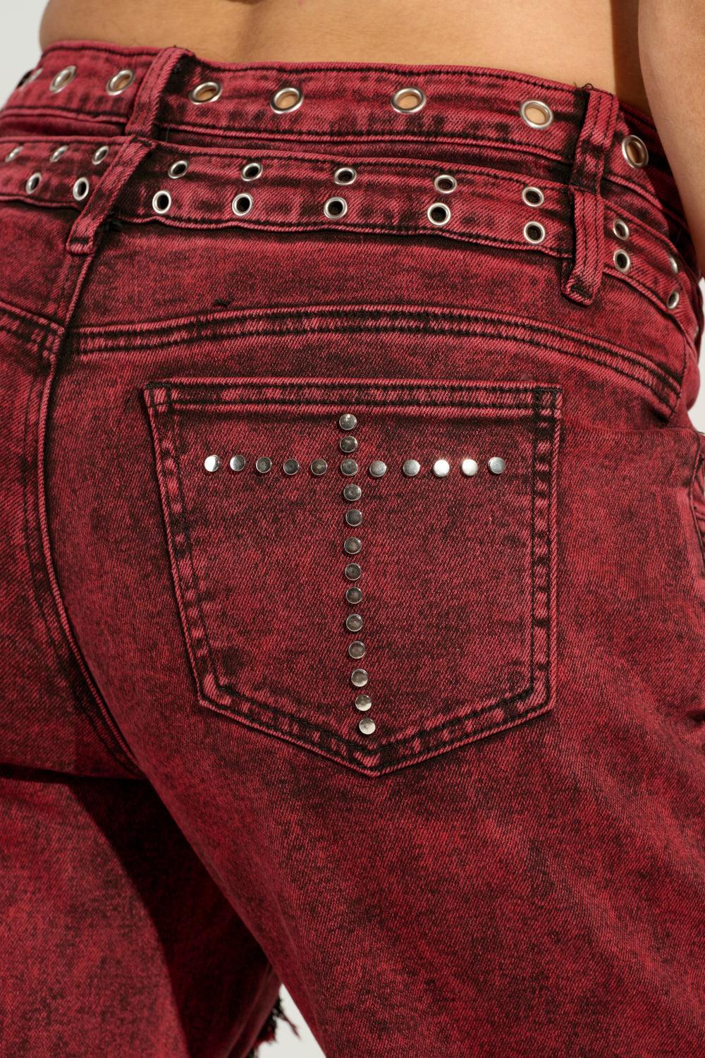 GRUNGY ATTITUDE MINERAL WASH RED WIDE LEG DENIM Product Image