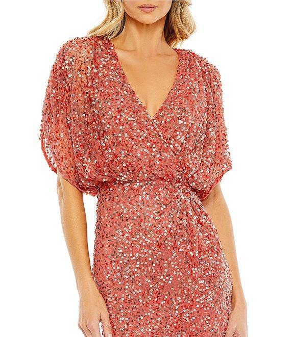 Mac Duggal Sequin Surplice V-Neck Draped 3/4 Sleeve Blouson Bodice Sheath Gown Product Image