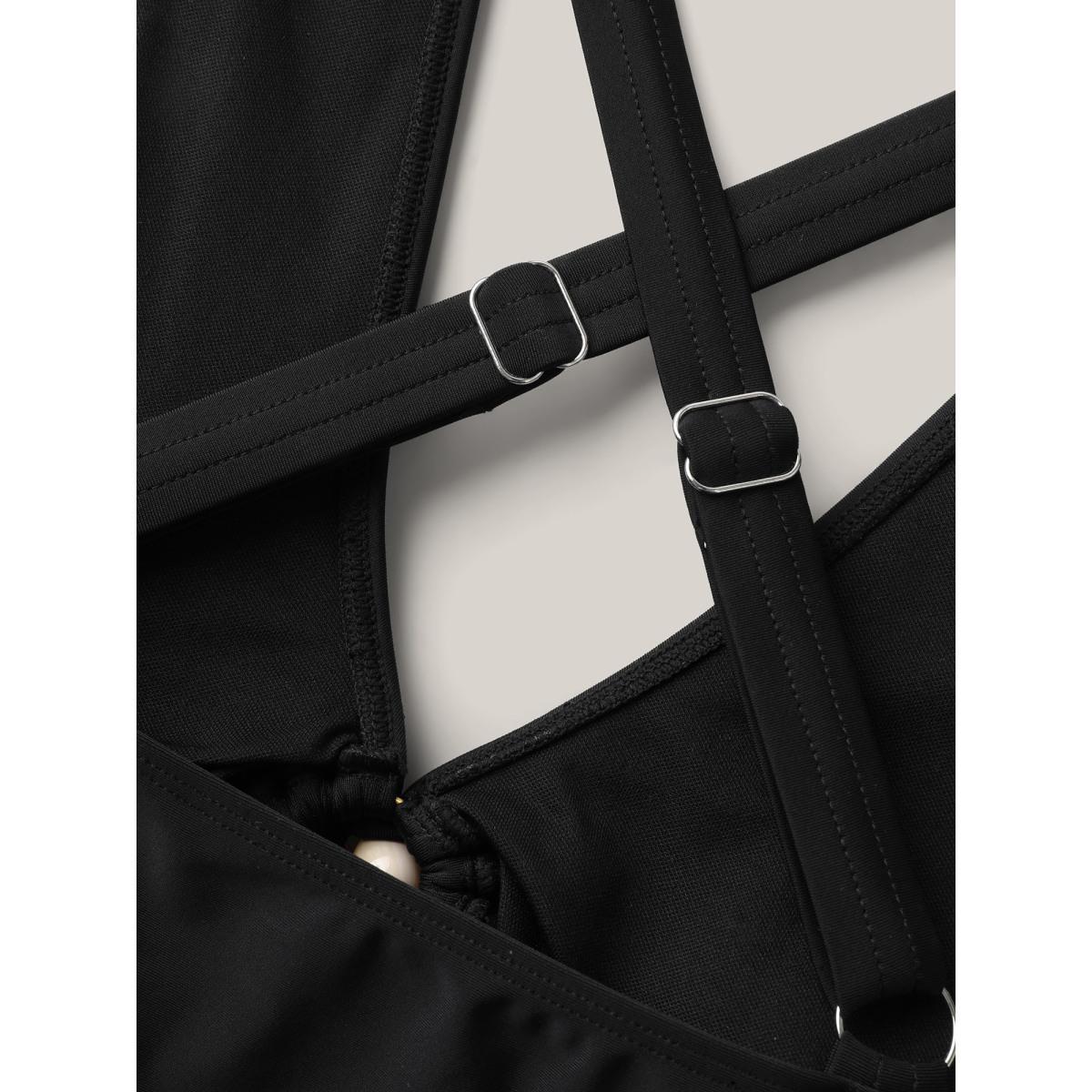 Plus Size Knotted Keyhole Crossstraps Swim Top Women's Swimwear Black Resort Tie knot High stretch Skinny V-neck Curve Swim Tops BloomChic 30/6X Product Image