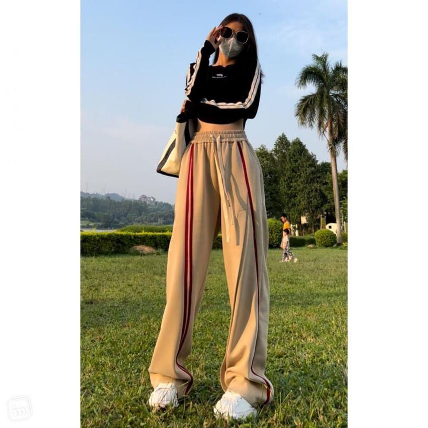 Drawstring Waist Striped Wide Leg Pants Product Image