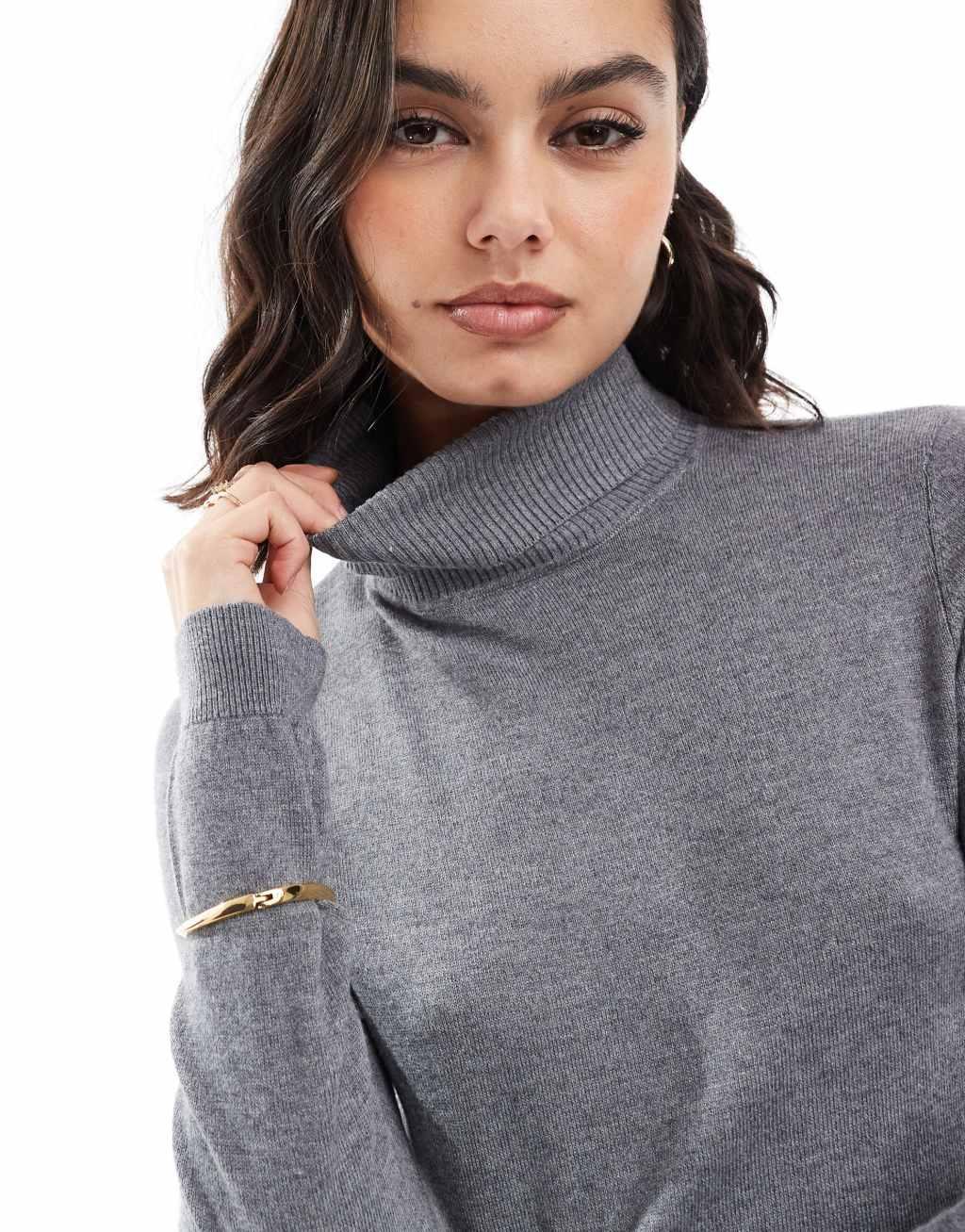 Vero Moda high neck knitted sweater in medium gray melange Product Image