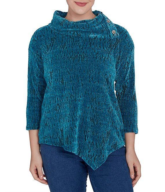 Ruby Rd. Knit Faux Fois Bois Print Split Cowl Neck 3/4 Sleeve Asymmetric Hem Sweater Product Image