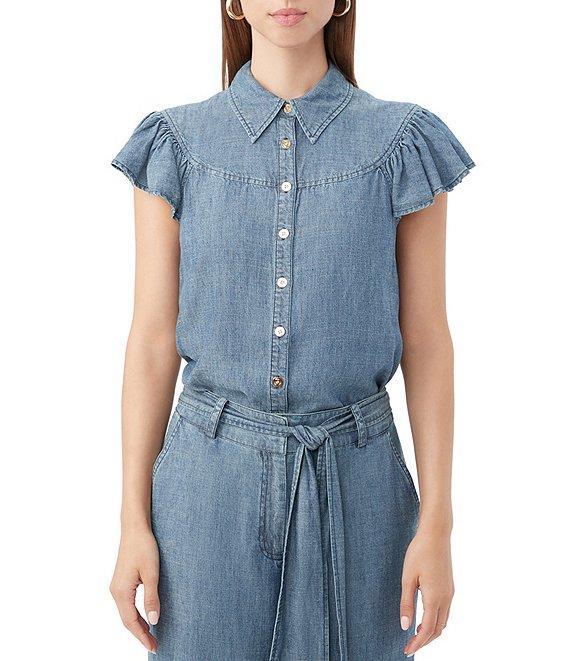 Trina Turk Bali Hai Chambray Point Collar Short Flutter Sleeve Button Front Top Product Image
