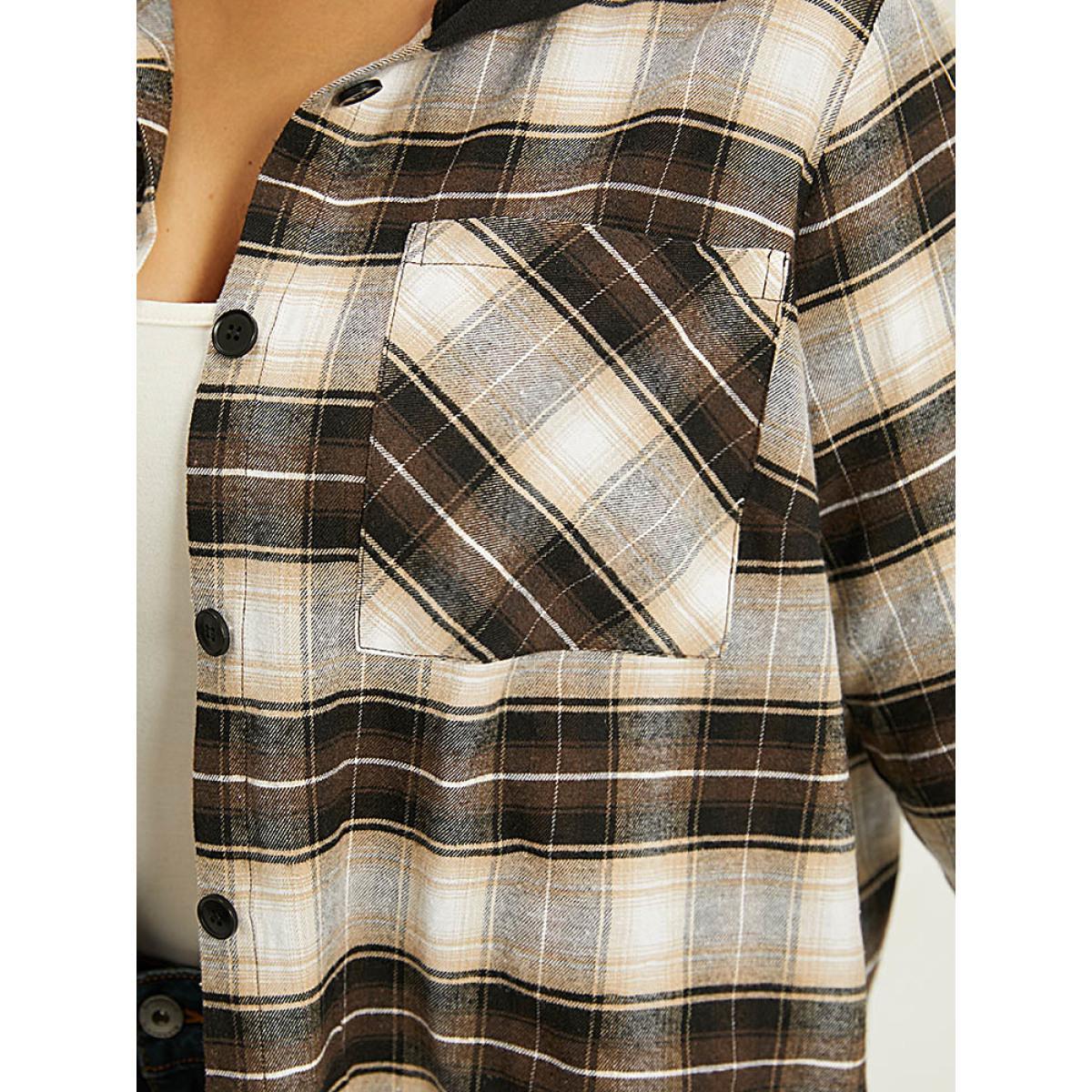 Plus Size Plaid Button Up Hooded Patchwork Shacket Women DarkBrown Contrast Pocket Everyday Jackets BloomChic 14-16/1X Product Image