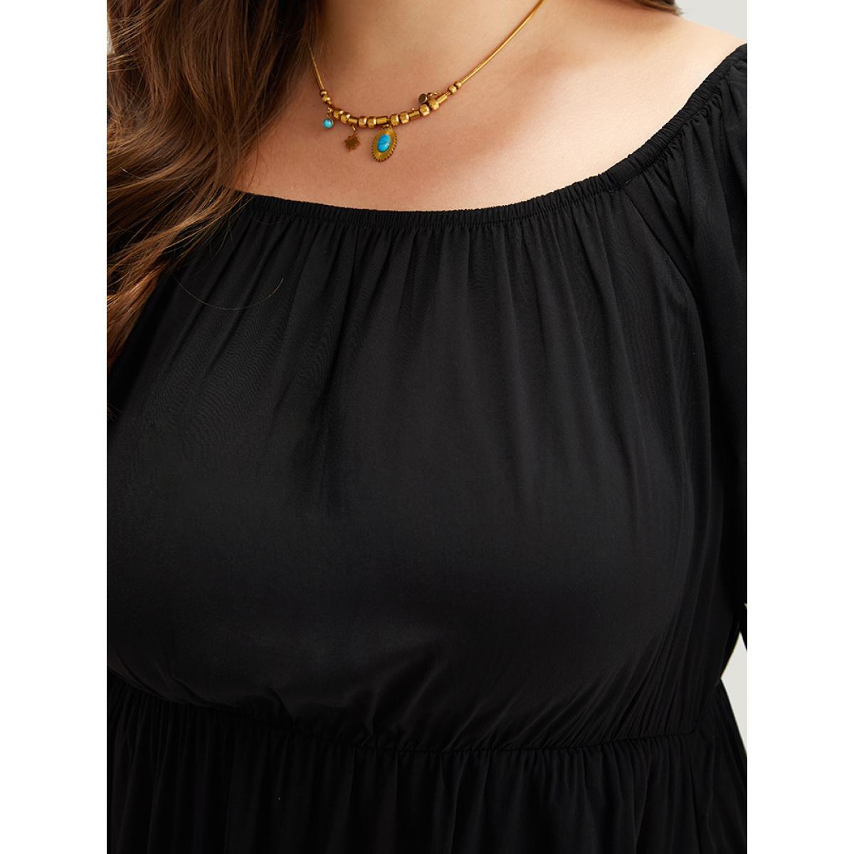 Plus Size Floral Embroidered Pocket Square Neck Lantern Sleeve Dress Black Women Vacation Adjustable Straps Square Neck Half Sleeve Curvy Midi Dress BloomChic 18-20/2X Product Image