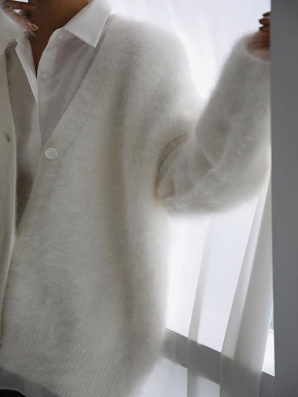 Fuzzy V Neck Loose Cardigan Sweater Product Image