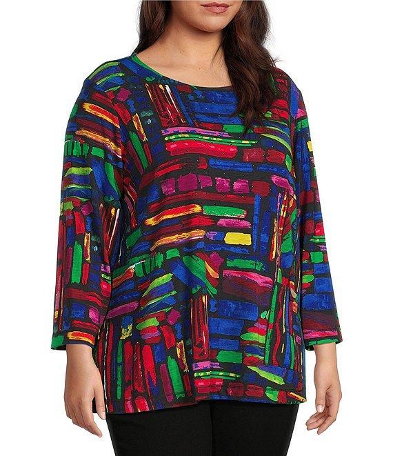 Ali Miles Plus Size Knit Brushstroke Print Round Neck 3/4 Sleeve Top Product Image