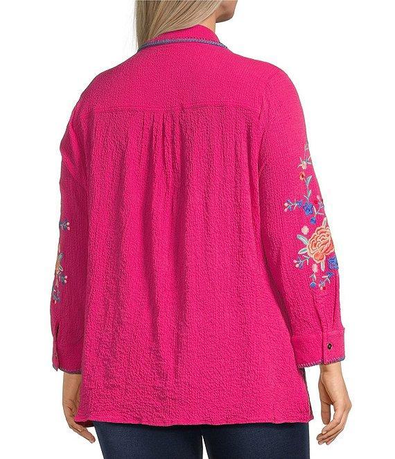 Calessa Plus Size Floral Embroidered Point Collar Long Sleeve Button Front Tunic Product Image