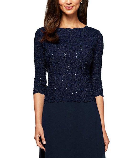 Alex Evenings Petite Size Sequined Lace Bodice Crew Neck 3/4 Sleeve Chiffon Skirted Gown Product Image