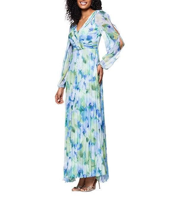 Betsy & Adam Pleated Chiffon Floral Print V-Neck Long Sleeve Fit and Flare Gown Product Image