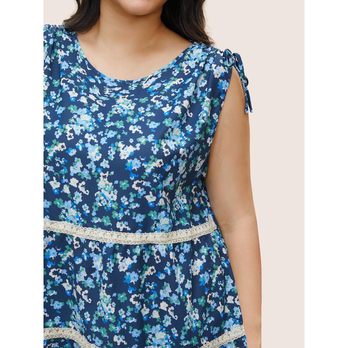 Plus Size Ditsy Floral Drawstring Lace Patchwork Tank Top Women Blue Elegant Cross straps Round Neck Everyday Tank Tops Camis BloomChic 30/6X Product Image