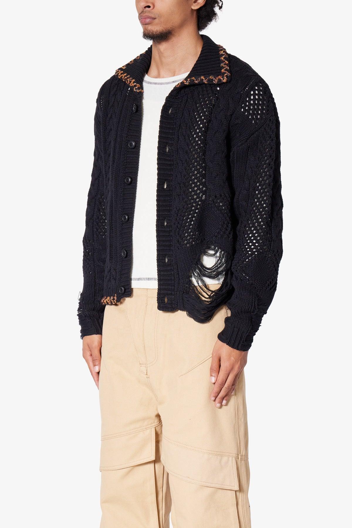 Chunky Distressed Cardigan Sweater - Black Product Image