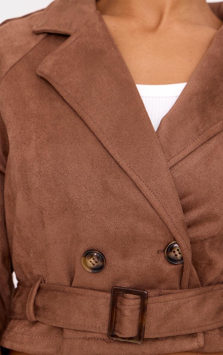 Brown Cropped Faux Suede Belted Trench Coat Product Image