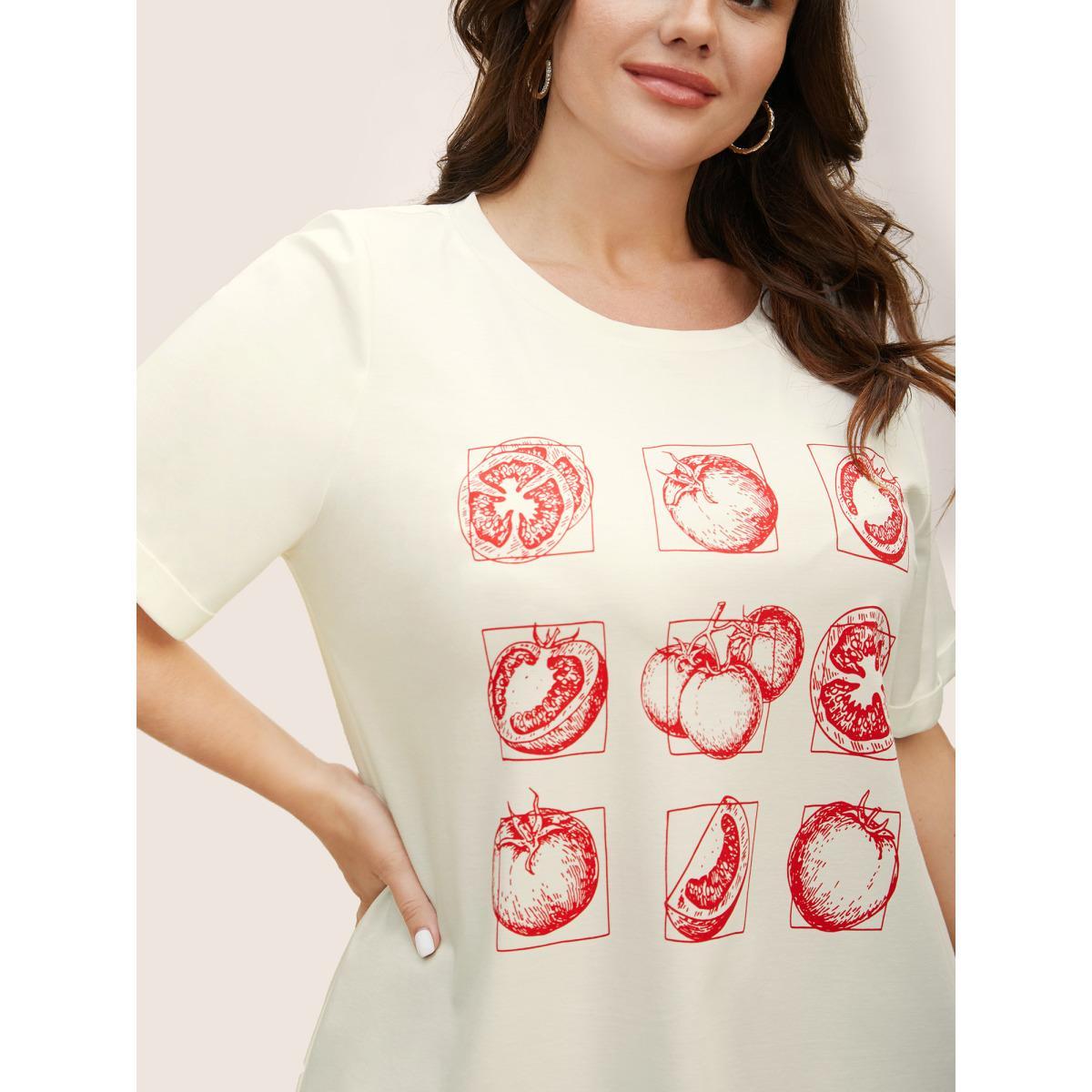 Plus Size Art & Design Tomato Print Round Neck T-shirt WhiteSmoke Women Casual Contrast Art&design Round Neck Everyday T-shirts BloomChic 12/L Product Image