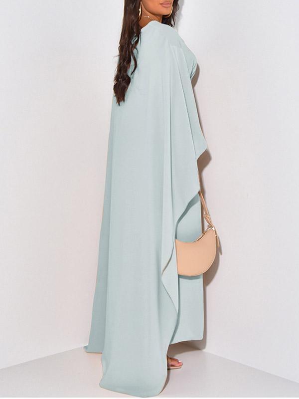 High-Low Long Sleeves Solid Color Round-Neck Maxi Dresses Product Image