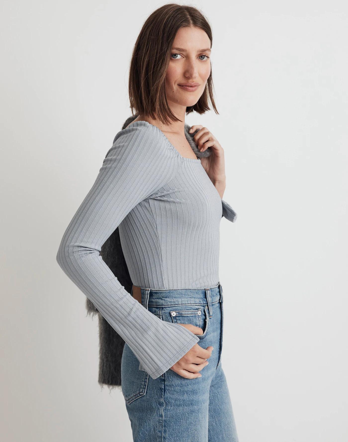 Ribbed Square-Neck Long-Sleeve Tee Product Image