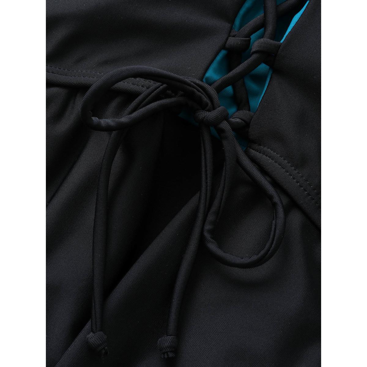 Plus Size Two Tone Patchwork Crisscross Neck Swim Top Women's Swimwear Black Beach Non High stretch Bodycon U-neck Curve Swim Tops BloomChic 22-24/3X Product Image