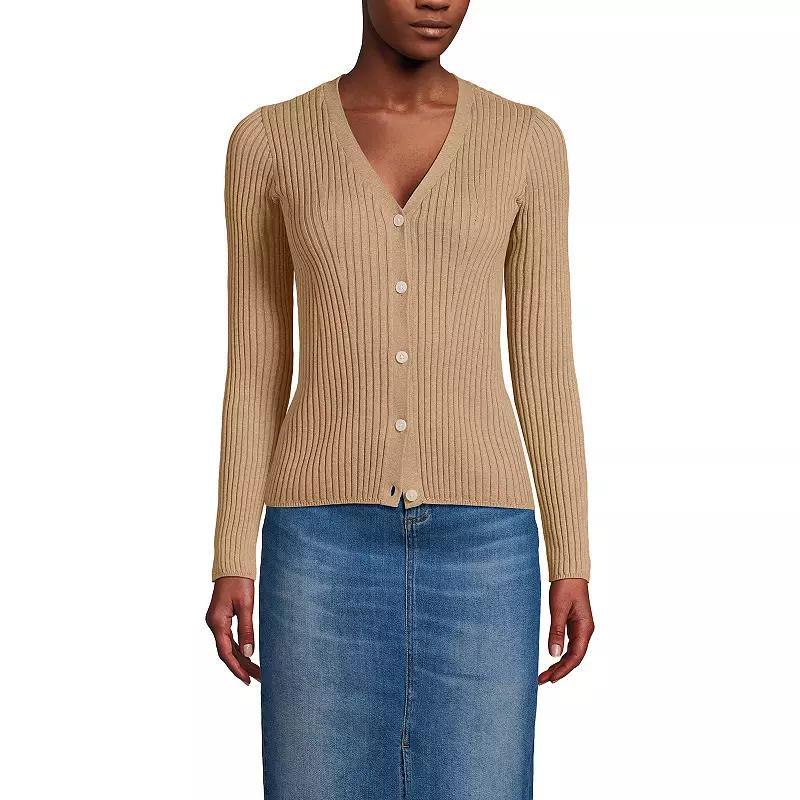 Womens Lands End Ribbed V-Neck Cardigan Sweater Vicuna Grey Product Image