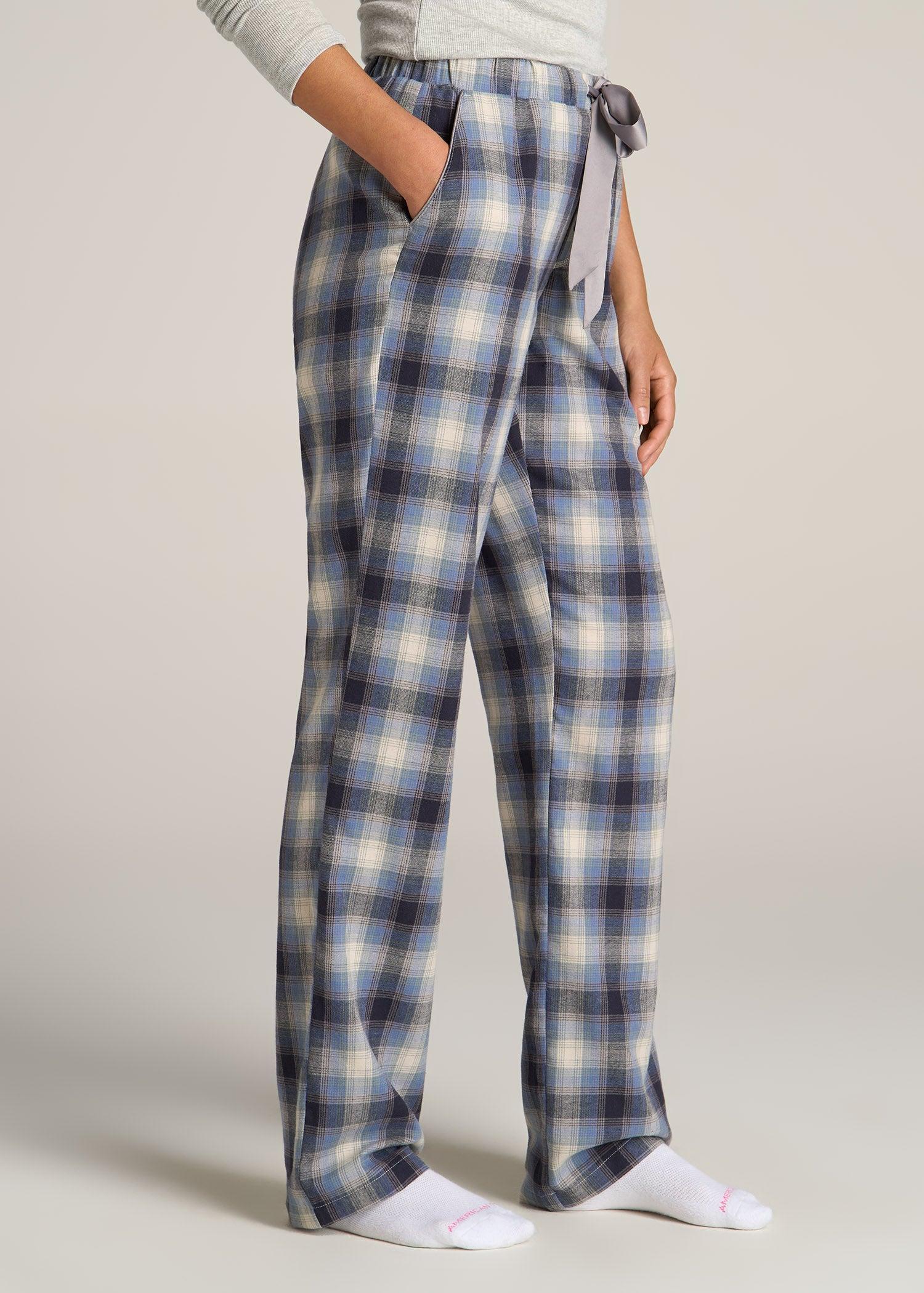 Open-Bottom Flannel Women's Tall Pajama Pants in Blue and Grey Weave Product Image