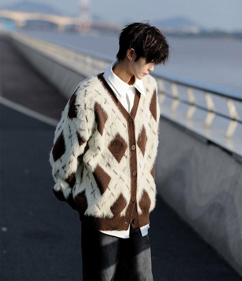 Argyle V-Neck Oversized Fluffy Cardigan Product Image