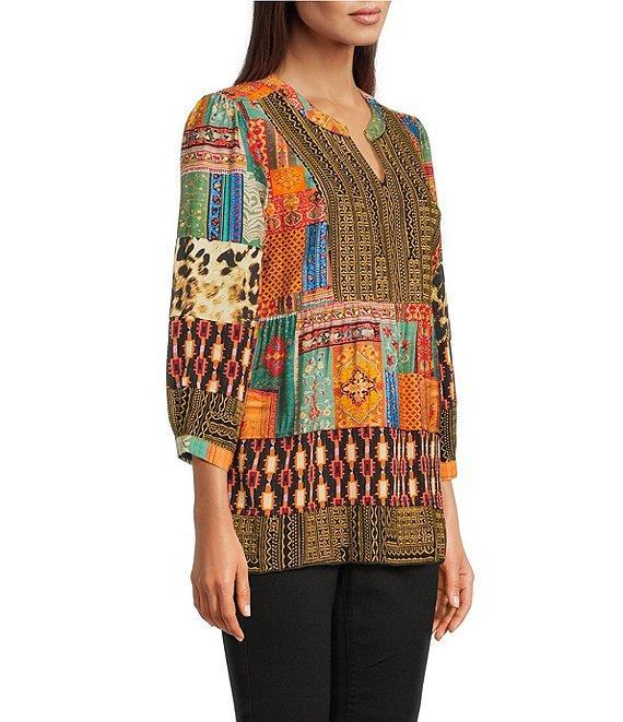Calessa Petite Size Embroidered Patchwork Split V-Neck 3/4 Sleeve Tunic Product Image