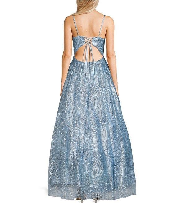 Blondie Nites Glitter Mesh Print V-Neck Sleeveless Tie Back Gown Product Image