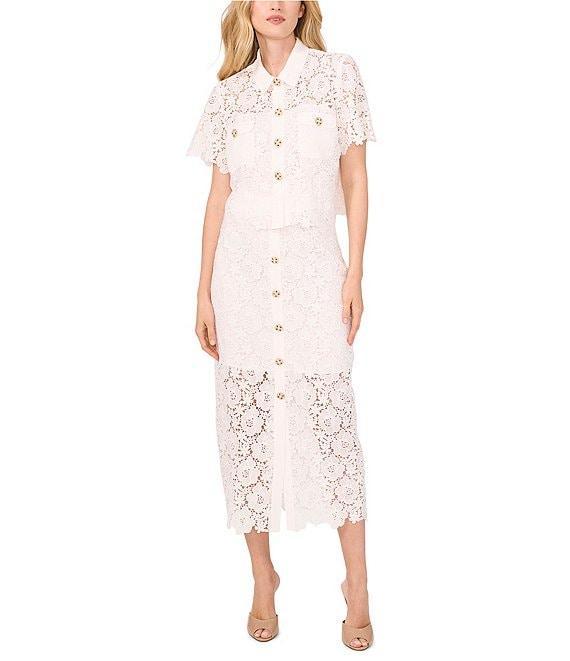 CeCe Lace Collared Short Sleeve Patch Pocket Button Front Top Product Image