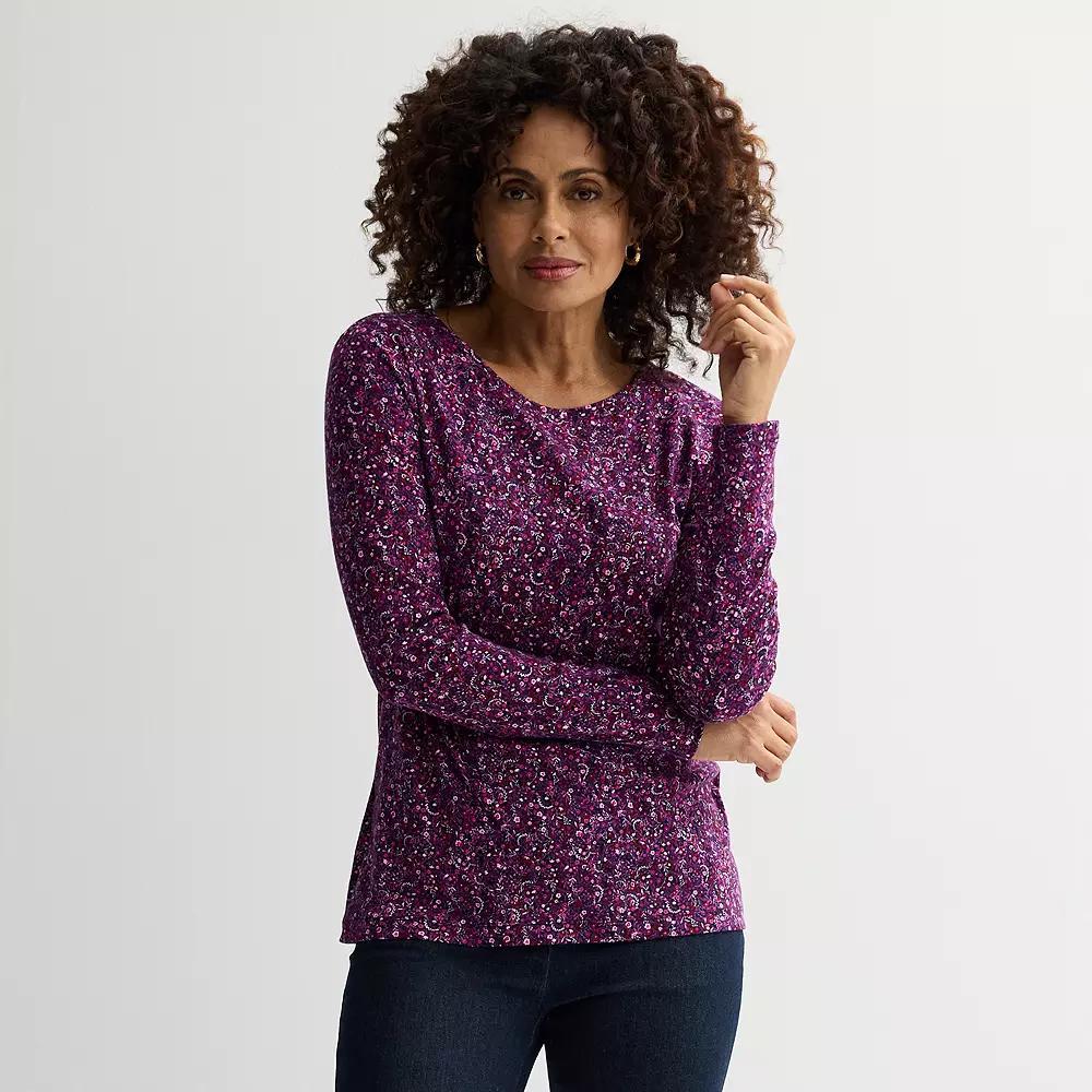 Women's Croft & Barrow® Essential Long-Sleeve Crewneck Tee, Size: XS, Red Pink Tiny Blooms Product Image