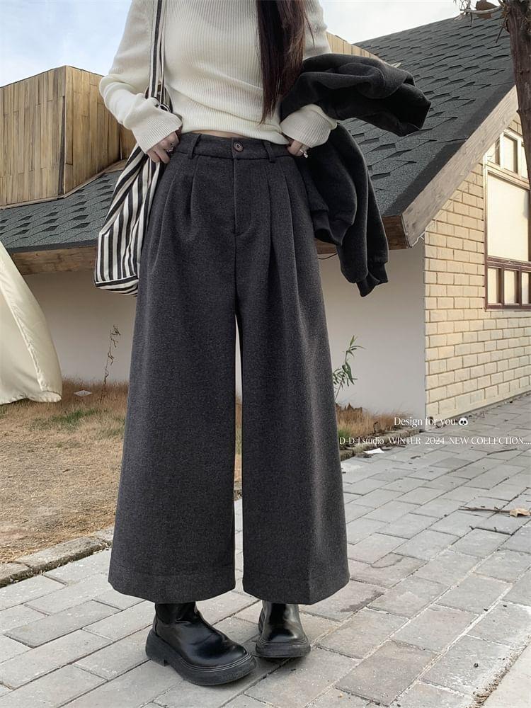 Mid Waist Plain Cropped Wide Leg Pants Product Image