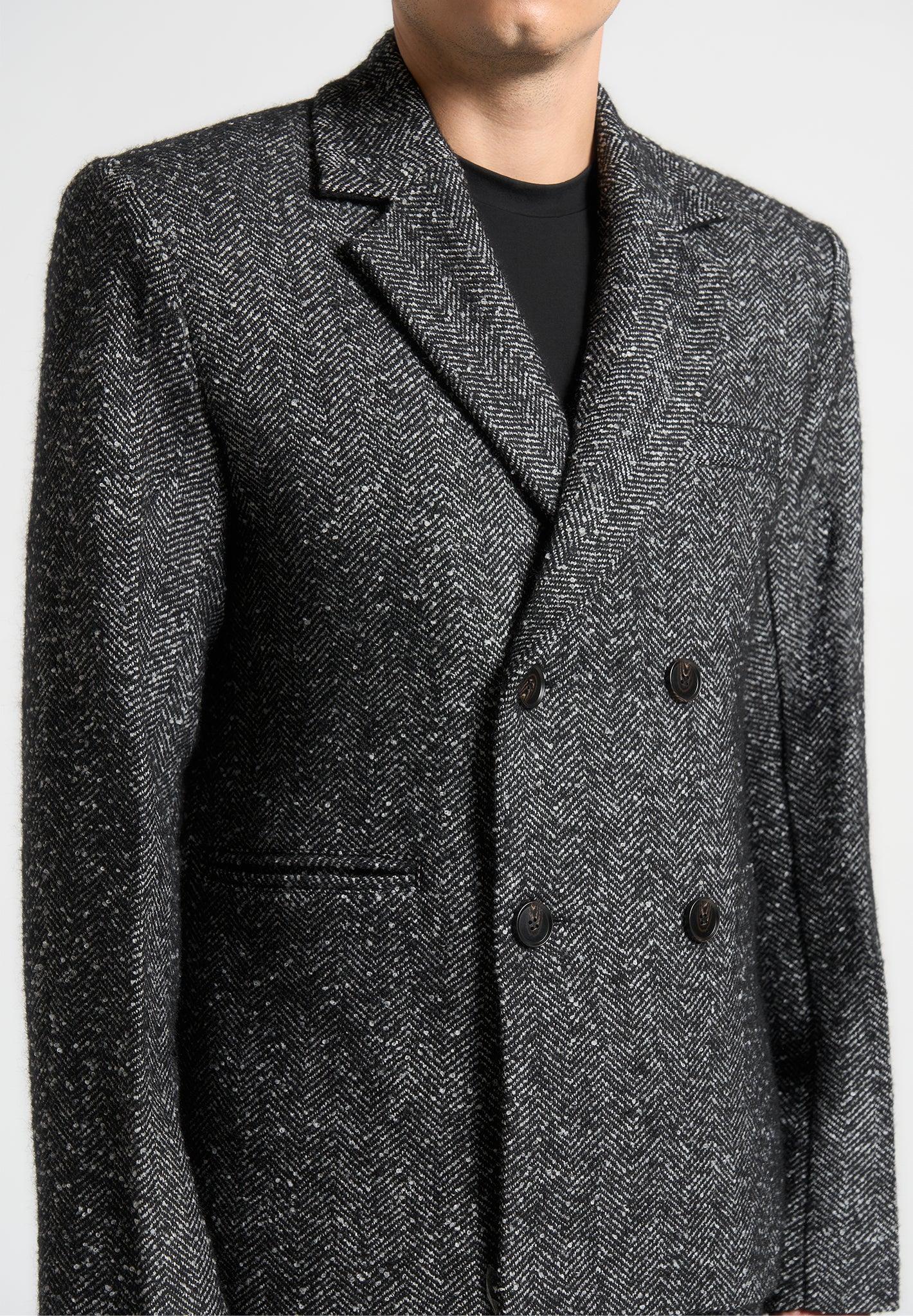 Double Breasted Herringbone Wool Blend Suit Jacket - Black Male Product Image