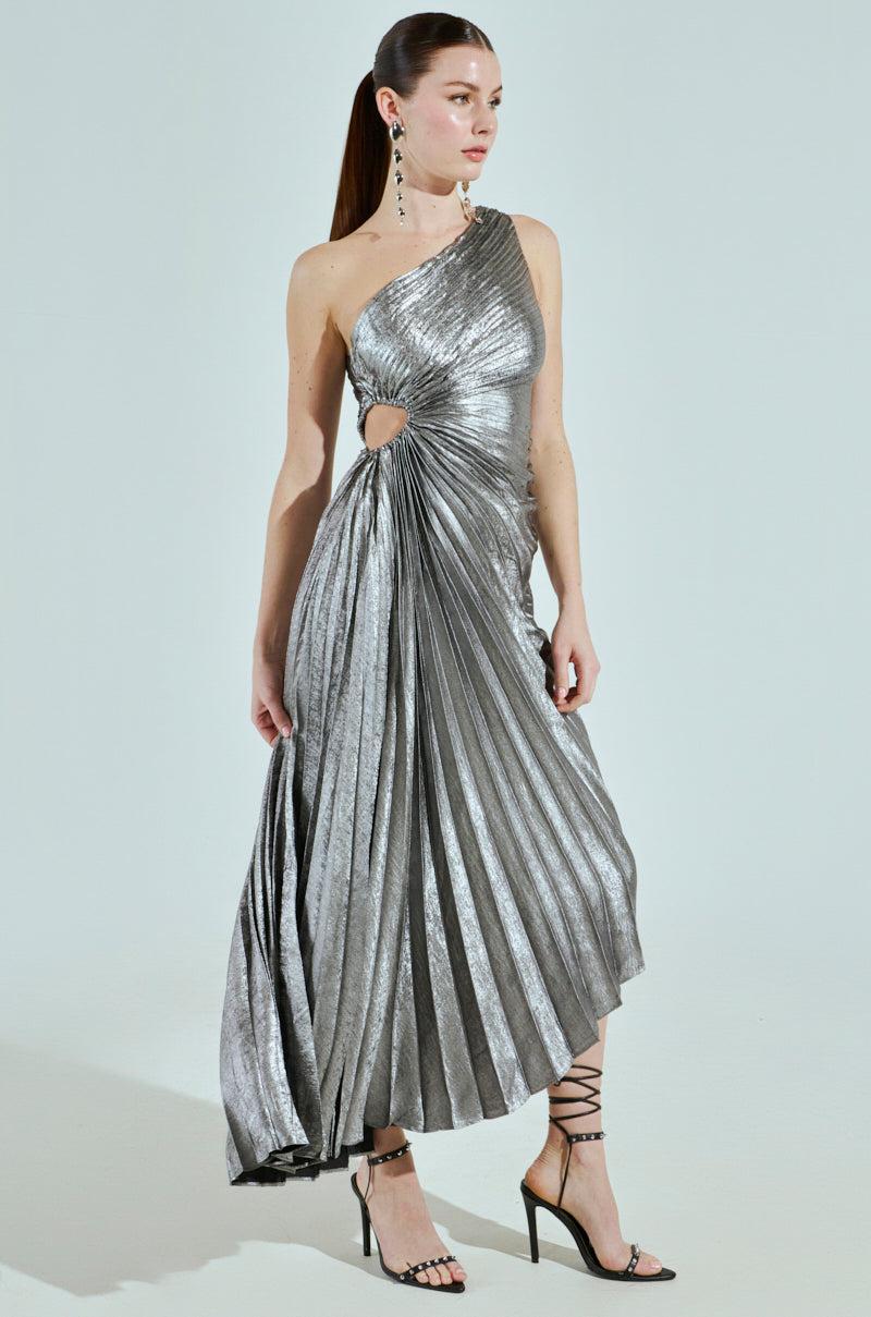 A LITTLE PARTY PLEATED MIDI DRESS IN SILVER Product Image