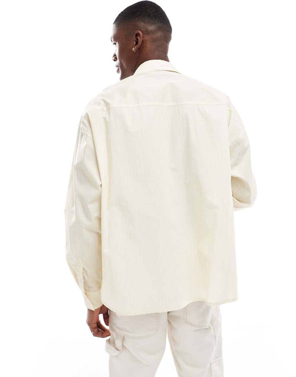 ASOS DESIGN volume oversized shirt with embroidery in off white stripe Product Image