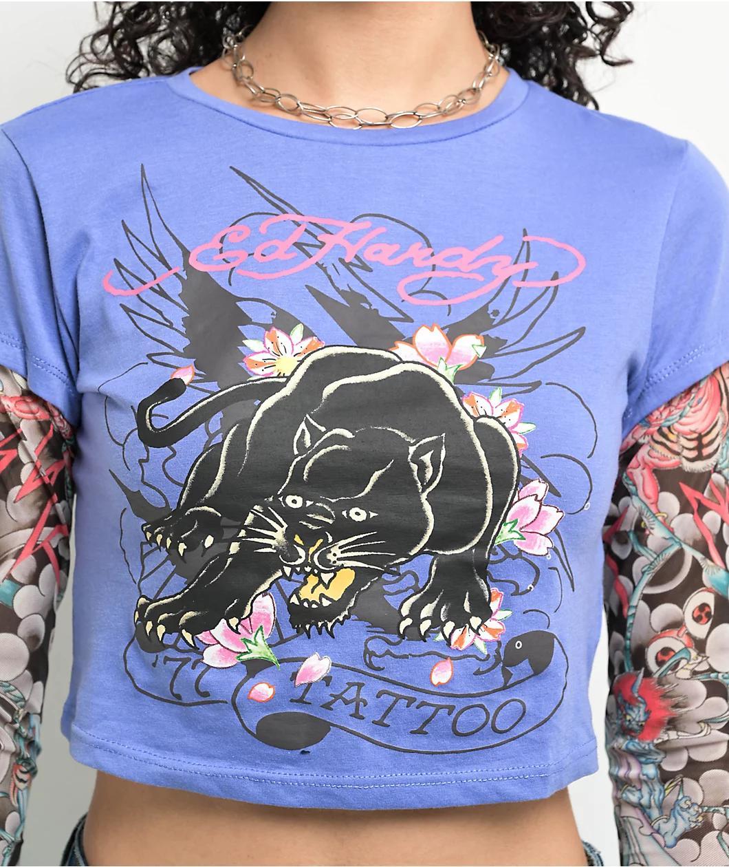 Ed Hardy Swallow 2fer Midnight Long Sleeve Crop T-Shirt Product Image