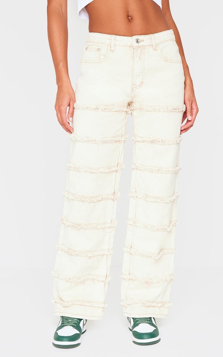 Washed Stone Frayed Striped Seam Wide Leg Jeans Product Image