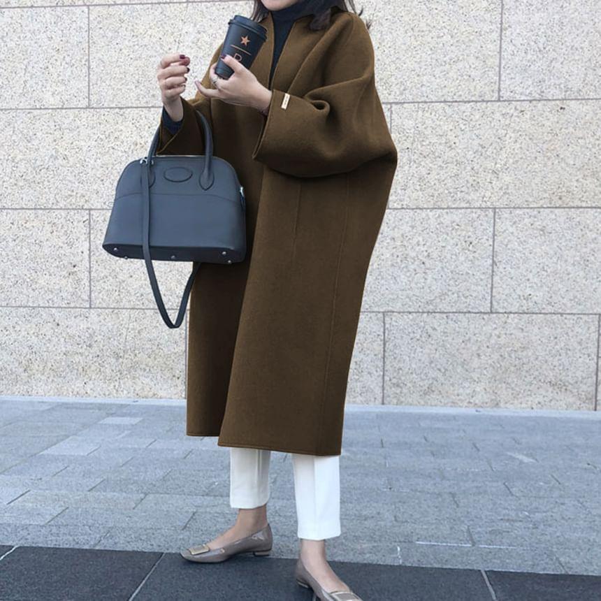 Collarless Plain Open Front Long Coat Product Image