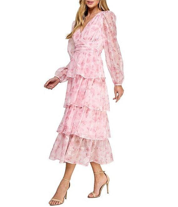 Layered With Love Amanda Organza Chiffon Floral Print V-Neck Long Sleeve Ruffle Tiered A-Line Midi Dress Product Image