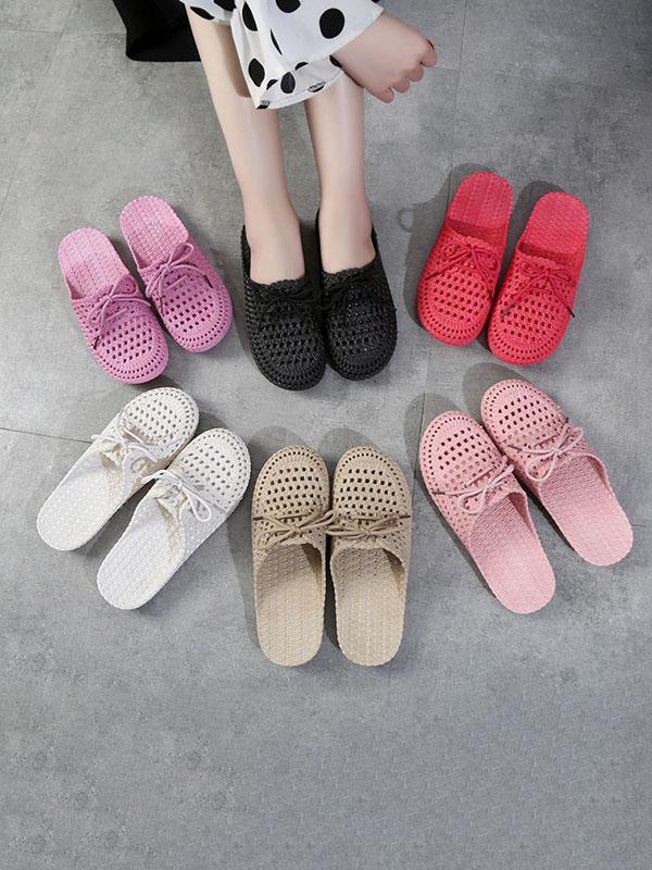 Hollow Lace-Up Round-Toe Mules&Slides Slippers Product Image