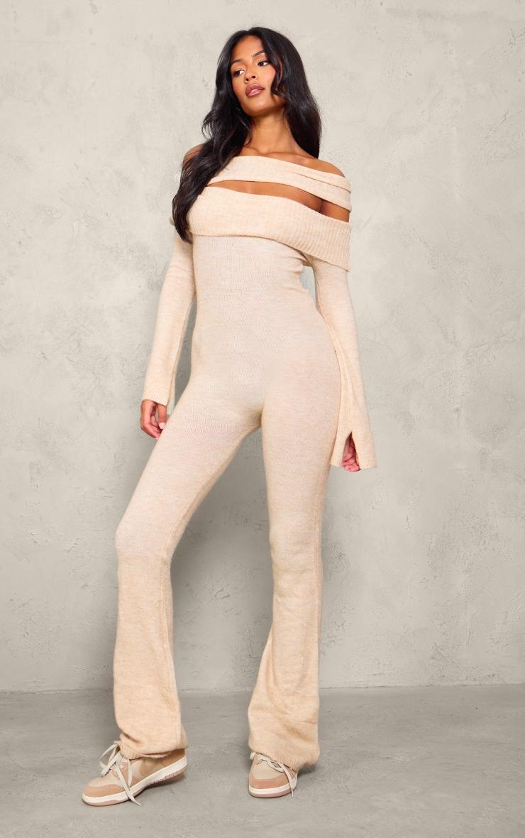 Tall Oatmeal Soft Knit Bardot Foldover Asymmetric Neck Jumpsuit Product Image