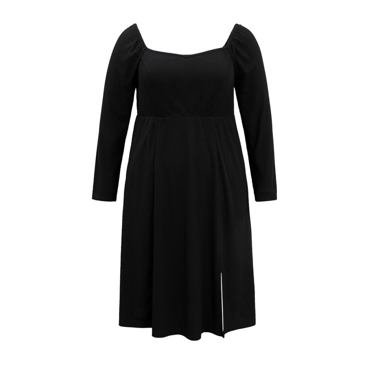 Plus Size Rib Knit Split Side Square Neck Dress Black Women Elegant Plain Square Neck Long Sleeve Curvy Midi Dress BloomChic 30/6X Product Image