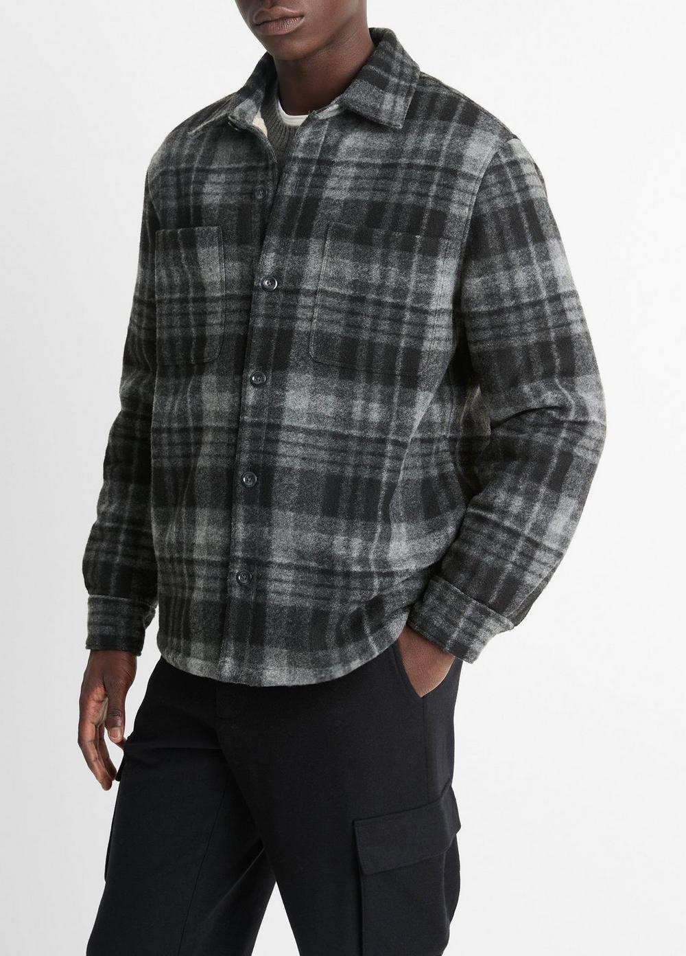 Mens Sherpa-Lined Plaid Shirt Jacket, Night Moss Combo, Size M Vince Product Image