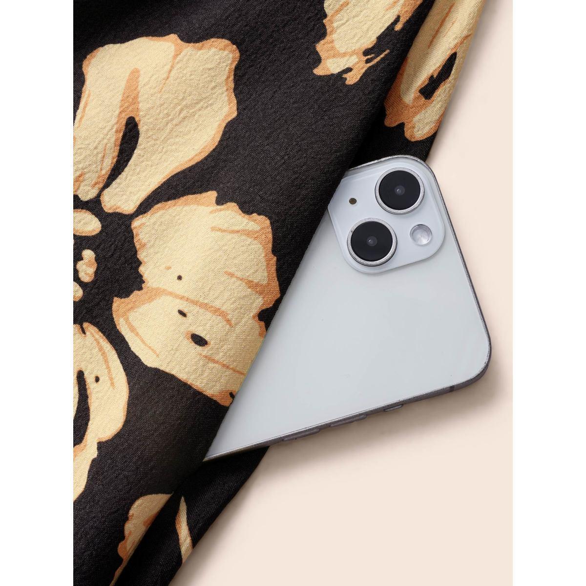 Plus Size Floral Square Neck Shirred Lantern Sleeve Dress Black Women Elegant Shirred Square Neck Long Sleeve Curvy BloomChic 30/6X Product Image